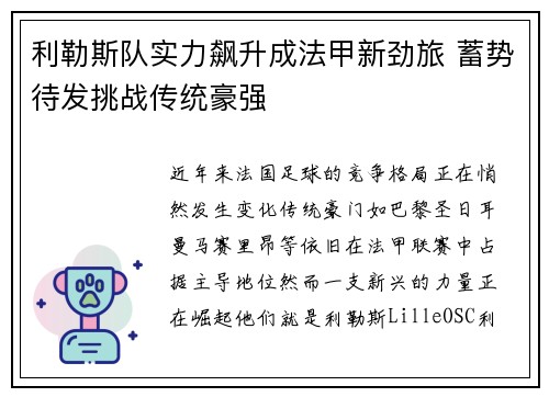 利勒斯队实力飙升成法甲新劲旅 蓄势待发挑战传统豪强