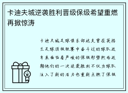 卡迪夫城逆袭胜利晋级保级希望重燃再掀惊涛