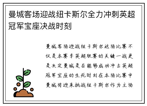 曼城客场迎战纽卡斯尔全力冲刺英超冠军宝座决战时刻