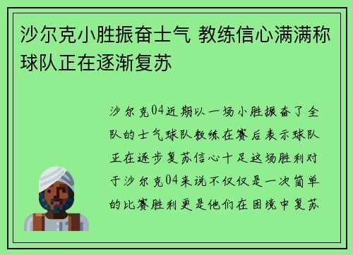 沙尔克小胜振奋士气 教练信心满满称球队正在逐渐复苏