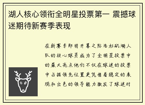 湖人核心领衔全明星投票第一 震撼球迷期待新赛季表现