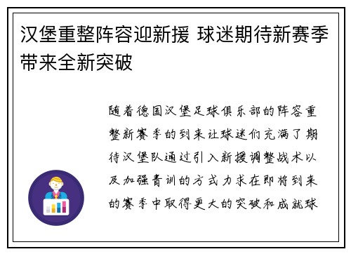汉堡重整阵容迎新援 球迷期待新赛季带来全新突破