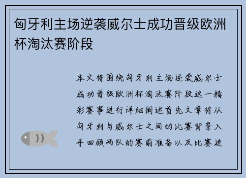 匈牙利主场逆袭威尔士成功晋级欧洲杯淘汰赛阶段